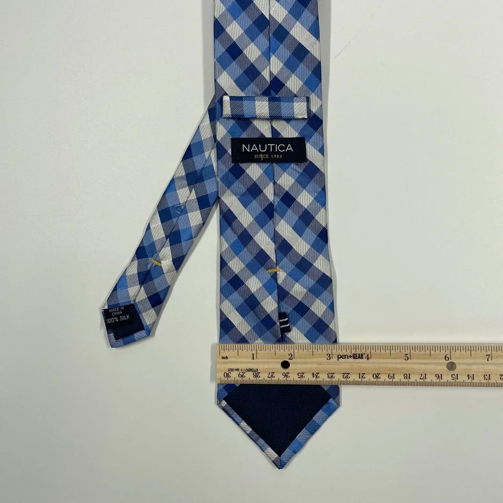Nautica Blue Gingham Check Silk Necktie Mens OS